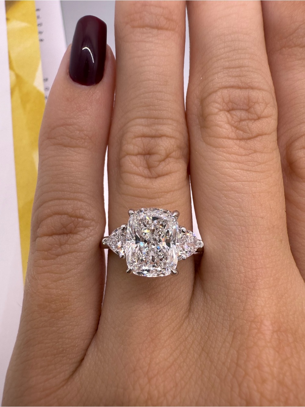 3.02 carat E VS1 cushion with heart three stone lab diamond engagement ring